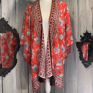 BOHO Orange and Multicolored Kimono w/Black Tassel